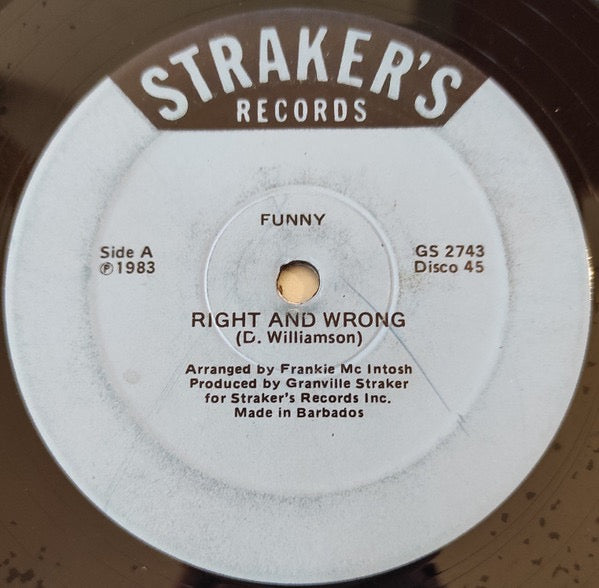 Image of Front Cover of 12" - G+/VG - FUNNY, Jam Session / Right And Wrong (Straker's Records; GS 2743, Barbados 1983, Company Sleeve), WOL,  - 4446269S