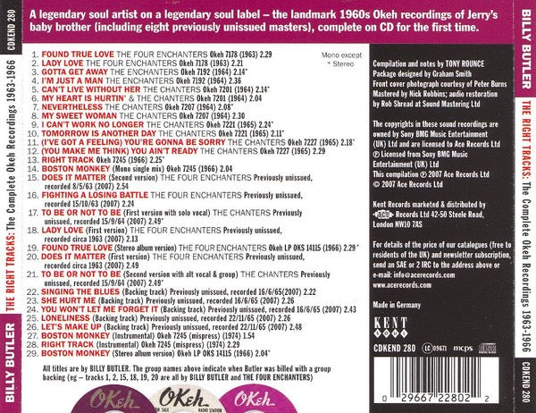 Image of Back Cover of CD - VG+/VG+ - BILLY BUTLER, The Right Tracks The Complete Okeh Recordings 1963-1966 (Kent Soul; CDKEND 280, UK 2007, Jewel Case), ,  - 4416641C