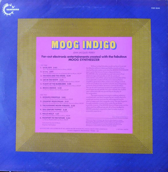 Image of Back Cover of 4844558S: LP - JEAN JACQUES PERREY, Moog Indigo (Vanguard; VSD 6549, UK 1972 Reissue, Laminated Sleeve, "Manufactured By RCA") A few light surface marks. Some sticker residue to back of sleeve, light edge wear, creasing to laminate.  VG/VG+