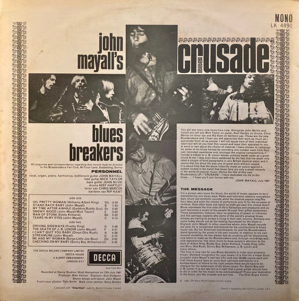 Image of Back Cover of LP - VG/G+ - JOHN MAYALL, Crusade (Decca Red Unboxed; LK4890, UK 1967, Laminated Front Sleeve, Mono), Writing/tippex on sleeve rear. ,  - 2726362E
