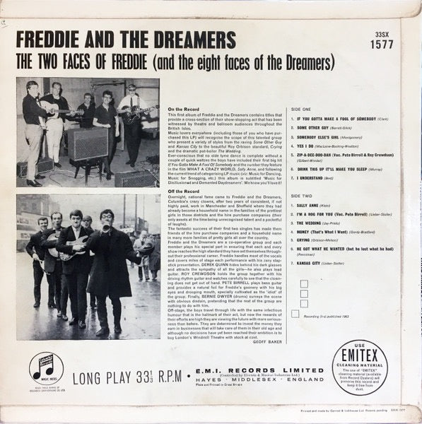 Image of Back Cover of 2814343C: LP - FREDDIE AND THE DREAMERS, Freddie And The Dreamers (Columbia; 33SX 1577, UK 1963, Laminated Flipback Sleeve. Columbia  Logo Only Front Top Left, Mono) Date stamp on rear of sleeve.  VG/VG+