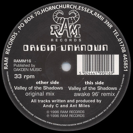 Image of Front Cover of 4314079C: 12" - ORIGIN UNKNOWN, Valley Of The Shadows / Awake 96 Remix (Ram; RAMM16, UK 1996, Plain Sleeve) Clean vinyl, light marks only  /VG