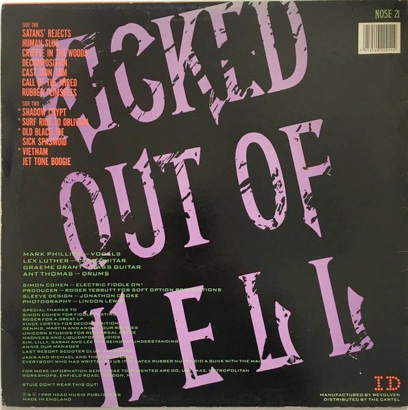 Image of Back Cover of 4045228S: LP - DEMENTED ARE GO, Kicked Out Of Hell (ID; NOSE21, UK 1988) Edge Wear, sticker residue  VG/VG+