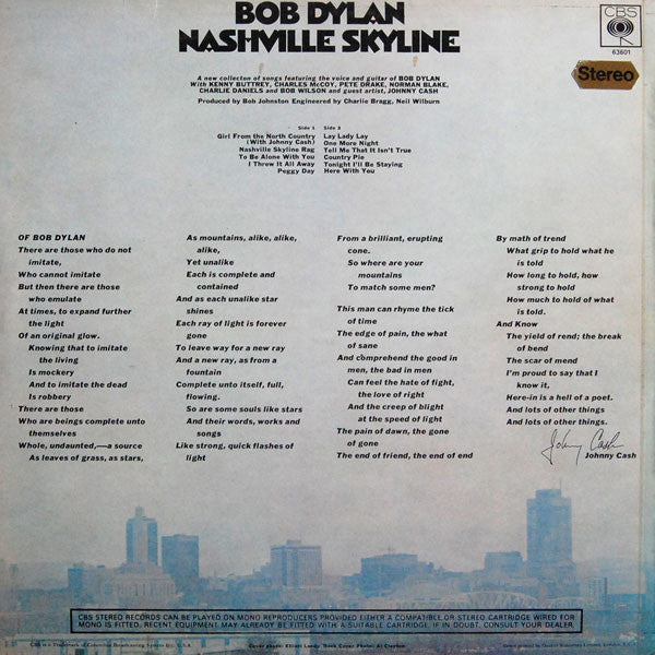 Image of Back Cover of LP - VG/G - BOB DYLAN, Nashville Skyline (CBS Orange (33 1/3 On Label); 63601, UK 1969, Laminated Front Sleeve, Stereo), ,  - 4226204E