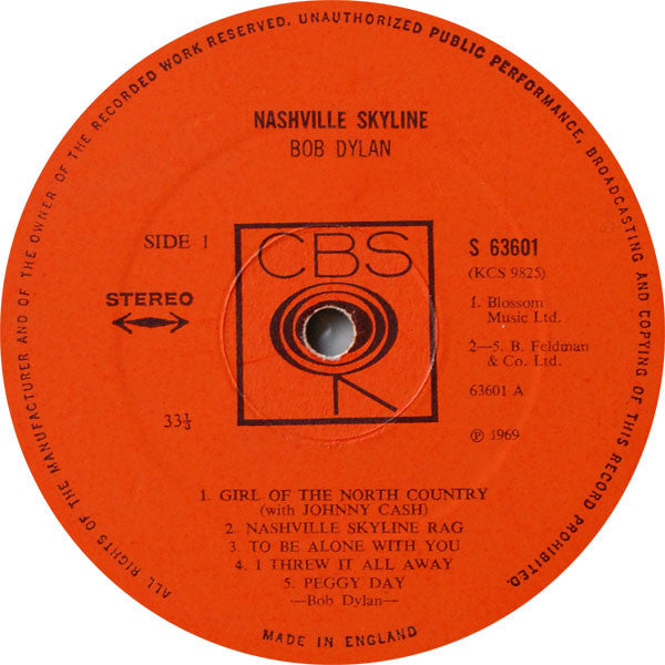 Image of Label Cover of LP - VG/G - BOB DYLAN, Nashville Skyline (CBS Orange (33 1/3 On Label); 63601, UK 1969, Laminated Front Sleeve, Stereo), ,  - 4226204E