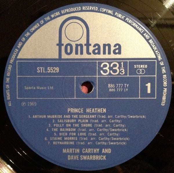 Image of Label of 3524370E: LP - MARTIN CARTHY AND DAVE SWARBRICK, Prince Heathen (Fontana Blue/Silver; STL 5529, UK 1970s Reissue, Laminated Sleeve)   VG+/VG+