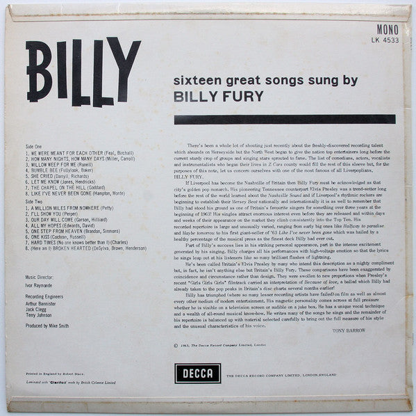 Image of Back Cover of LP - VG/VG - BILLY FURY, Billy (Decca Red Unboxed; LK 4533, UK 1963, Laminated Flipback Sleeve, Mono), Slight Spine Damage,  - 1726247E