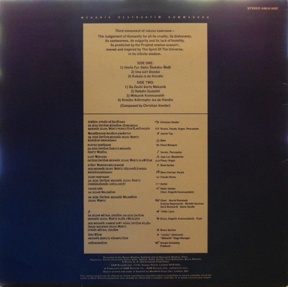 Image of Back Cover of LP - VG/VG+ - MAGMA, Mekanik Destruktiw Kommandoh (A&M; AMLH64397, UK 1974, Gatefold), Edge Wear, Writting Inside Gatefold,  - 3446410S