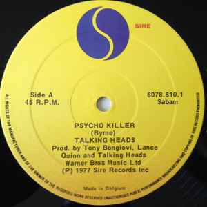 Image of Label Cover of 12" - VG+/G+ - TALKING HEADS, Psycho Killer (Sire; 6078 610, UK 1977, Picture Sleeve), Lightly fogged.,  - 2016230C