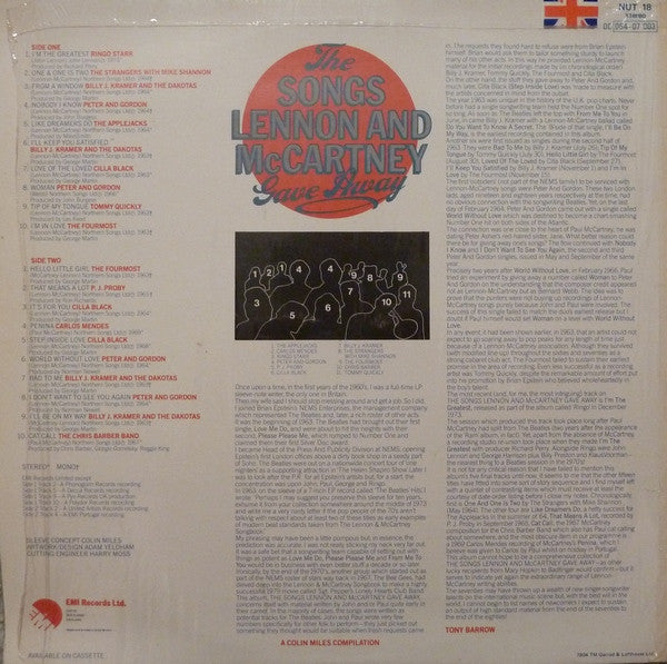 Image of Back Cover of LP - VG/VG - VARIOUS, The Songs Lennon And McCartney Gave Away (EMI; NUT 18, UK 1979, , Mono), Vinyl has some light fogging on side 2, does not effect play. Sleeve has ring & edge wear.,  - 3116169C