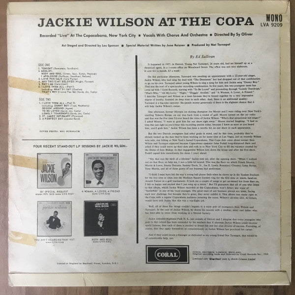 Image of Back Cover of LP - VG/VG+ - JACKIE WILSON, At the Copa (Coral; LVA 9209, UK 1962, Laminated Sleeve, Mono), ,  - 3225248E