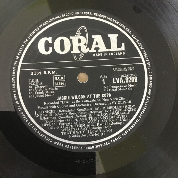 Image of Label Cover of LP - VG/VG+ - JACKIE WILSON, At the Copa (Coral; LVA 9209, UK 1962, Laminated Sleeve, Mono), ,  - 3225248E
