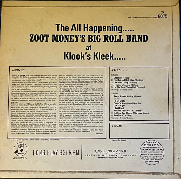 Image of Back Cover of LP - VG+/VG - ZOOT MONEY'S BIG ROLL BAND, Zoot! At Klook's Kleek (Columbia; SX6075, UK 1966, Laminated Flipback Sleeve, Mono), Strong VG, Stamp On Rear Sleeve,  - 3726188E