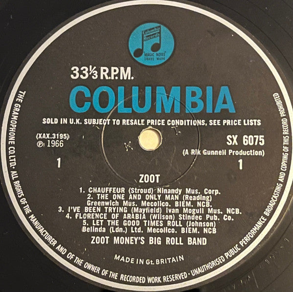 Image of Label Cover of LP - VG+/VG - ZOOT MONEY'S BIG ROLL BAND, Zoot! At Klook's Kleek (Columbia; SX6075, UK 1966, Laminated Flipback Sleeve, Mono), Strong VG, Stamp On Rear Sleeve,  - 3726188E