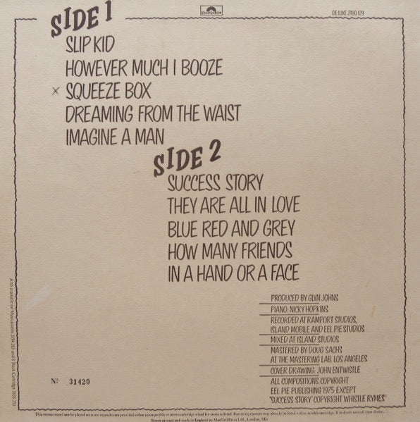 Image of Back Cover of 3624029E: LP - THE WHO, The Who By Numbers (Polydor ; 2490 129, UK 1975, Numbered, Stereo) Vinyl is strong VG just a few light marks.no.17815  VG+/VG