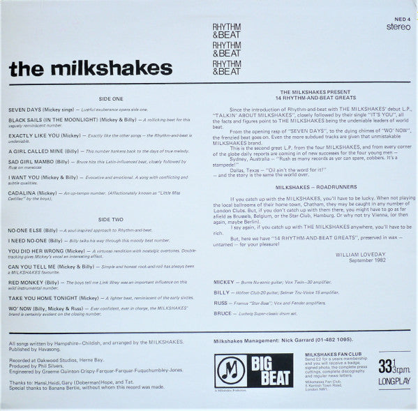 Image of Back Cover of 3824131E: LP - THE MILKSHAKES, Fourteen Rhythm & Beat Greats (Big Beat; NED 4, UK 1982, Mono) Sleeve has a couple of dented corners, some staining. Vinyl has a few light marks only.  VG/VG