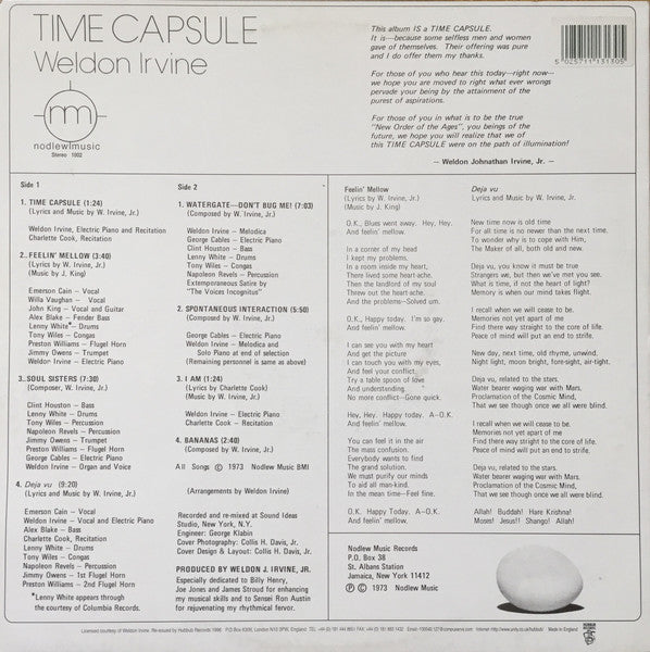 Image of Back Cover of 1614211C: LP - WELDON IRVINE, Time Capsule (Hubbub; HUB LP13, UK 1996 Reissue, Picture Sleeve) Some storage marks on sleeve and disc.  VG/VG+