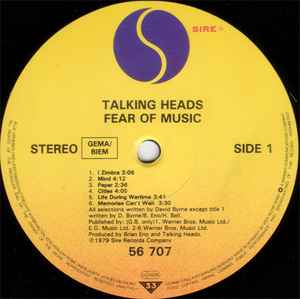 Image of Label Cover of LP - VG/VG - TALKING HEADS, Fear Of Music (Sire; SIR K 56 707, Europe 1980s Reissue, Embossed Sleeve, Inner, No Barcode, "GEMA/BIEM" Rights Box, Price Code: U), ,  - 3626175E