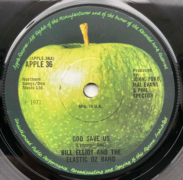 Image of Front Cover of 7" - VG+/EX - BILL ELLIOT & ELASTIC OZ BAND, God Save Us / Do the Oz (Apple Solid Centre; APPLE 36, UK 1971, Company Sleeve), Nice Copy,  - 3525216E