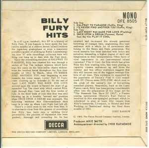 Image of Back Cover of 2214133C: 7" - BILLY FURY, Hits (Decca Blue Unboxed; DFE8505, UK 1962, Laminated Flipback Sleeve) Age discolouring and date stamp to rear of sleeve.  VG/VG+