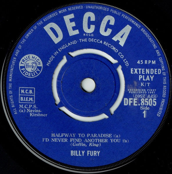 Image of Label Cover of 2214133C: 7" - BILLY FURY, Hits (Decca Blue Unboxed; DFE8505, UK 1962, Laminated Flipback Sleeve) Age discolouring and date stamp to rear of sleeve.  VG/VG+