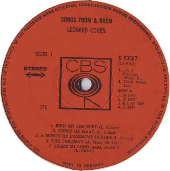 Image of Label Cover of 4745149S: LP - LEONARD COHEN, Songs From a Room (CBS Orange (33 1/3 On Label); 63587, UK 1969, Laminated Front Sleeve, Stereo, Stranger Music Publishing Credit) Immaculate disc, essentially an NM, looks unplayed.  VG+/VG+