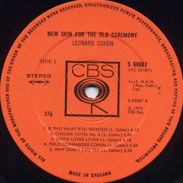 Image of Label Cover of LP - VG/VG - LEONARD COHEN, New Skin for the Old Ceremony (CBS Orange (33 1/3 On Label); 69087, UK 1974), Strong VG,  - 3316530C