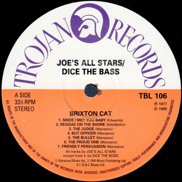 Image of Label Cover of LP - EX/VG+ - JOE'S ALL STARS / DICE THE BOSS, Brixton Cat (Trojan Records; TBL 106, UK 1995 Reissue), Lovely copy, EX all around.,  - 1516117C