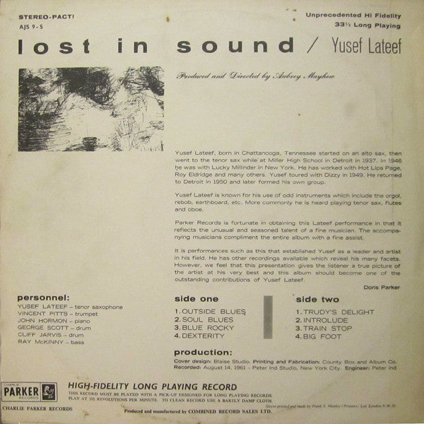 Image of Back Cover of E: LP - YUSEF LATEEF, Lost In Sound (Charlie Parker / Egmont; AJS 9-S, UK 1961, Laminated Flipback Sleeve) Strong VG  VG/VG