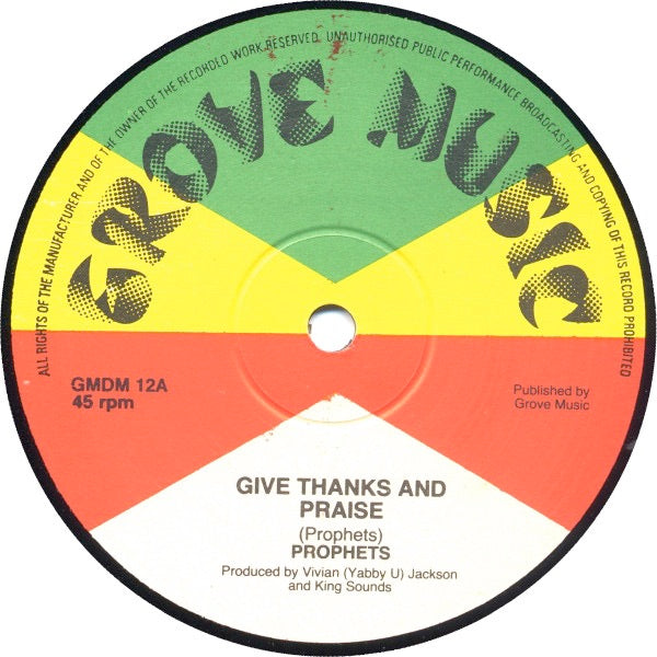Image of Front Cover of 12" - /G - THE PROPHETS, Give Thanks And Praise / Till I Kiss You (Grove Music; GMDM 12, UK 1979, Plain Sleeve), Makrs on vinyl but plays fine.,  - 3246059S