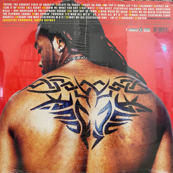 Image of Back Cover of 2xLP - VG/G+ - BUSTA RHYMES, Anarchy (Elektra; 62517-1, US 2000, Insert), Record conservatively graded. Sleeve has hype stickered shrink, wear along opening, and a creased corner. Writing on labels,  - 3716317C