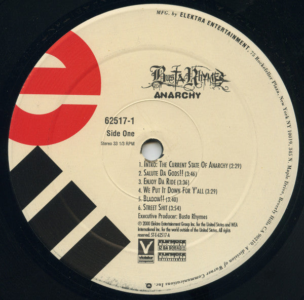 Image of Label Cover of 2xLP - VG/G+ - BUSTA RHYMES, Anarchy (Elektra; 62517-1, US 2000, Insert), Record conservatively graded. Sleeve has hype stickered shrink, wear along opening, and a creased corner. Writing on labels,  - 3716317C