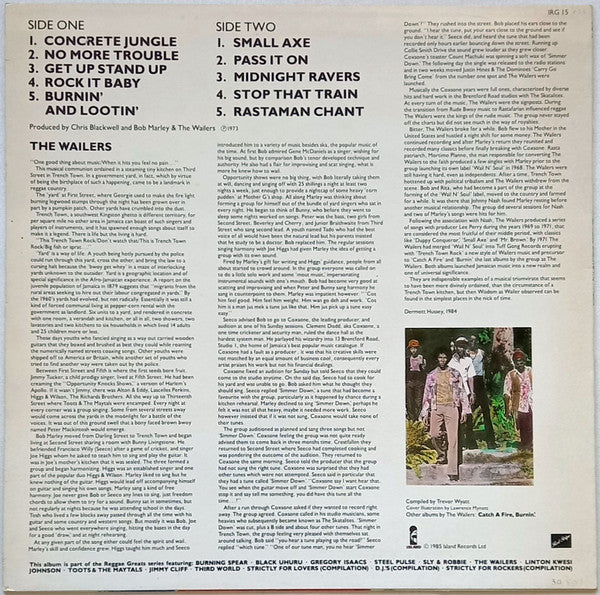 Image of Back Cover of LP - VG/VG+ - THE WAILERS, Reggae Greats (Island Records; IRG 15, UK 1985, Black Inner), Still in opened shrinkwrap, small tear on opening edge back cover,  - 4246029S
