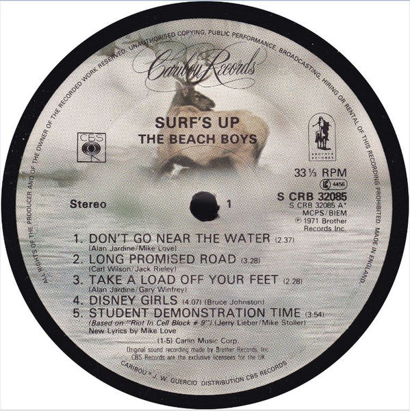 Image of Label Cover of LP - VG+/VG+ - THE BEACH BOYS, Surf's Up (Caribou; CRB 32085, UK 1980 Reissue, Company Inner), ,  - 2716153C
