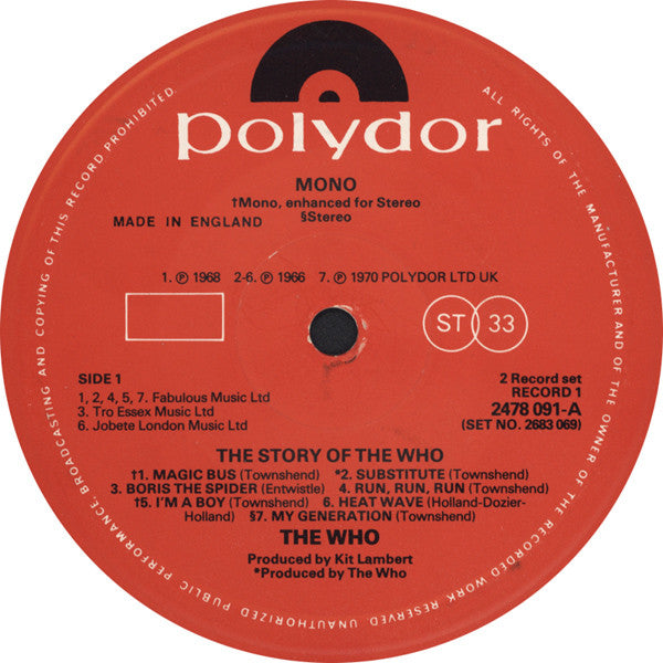 Image of Label of 3614013C: 2xLP - THE WHO, The Story of (Polydor; 2683 069, UK 1976, Gatefold, Booklet) Lightest of hairline marks  VG+/VG+