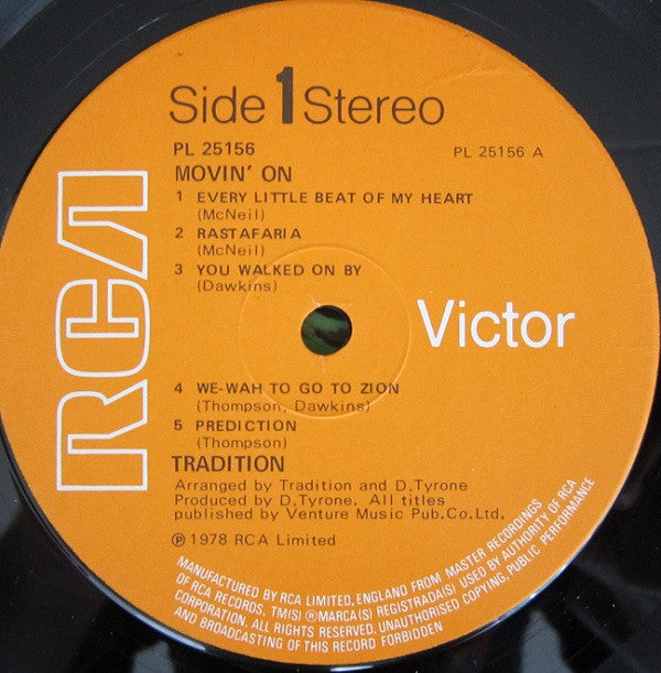 Image of Label Cover of LP - VG/G+ - TRADITION, Moving On (RCA; PL 25156, UK 1978, Laminated Front Sleeve), Lots of marks on either side but plays well above grade. sleeve has some creasing.,  - 3746397S