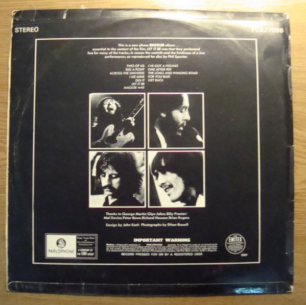 Image of Back Cover of LP - F/G+ - THE BEATLES, Let It Be (Parlophone; PCSJ 7096, South Africa 1970, Laminated Flipback Sleeve), Laminate Peeling, Paint On Front Sleeve, Heavy Creasing, Part Of Top Flipback Missing,  - 2326148E