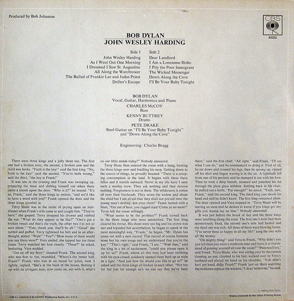 Image of Back Cover of LP - VG/G - BOB DYLAN, John Wesley Harding (CBS Smooth Orange (33 1/3 On Label); 63252, UK 1968, Laminated Front Sleeve, Mono), Light Marks only.,  - 2716086C