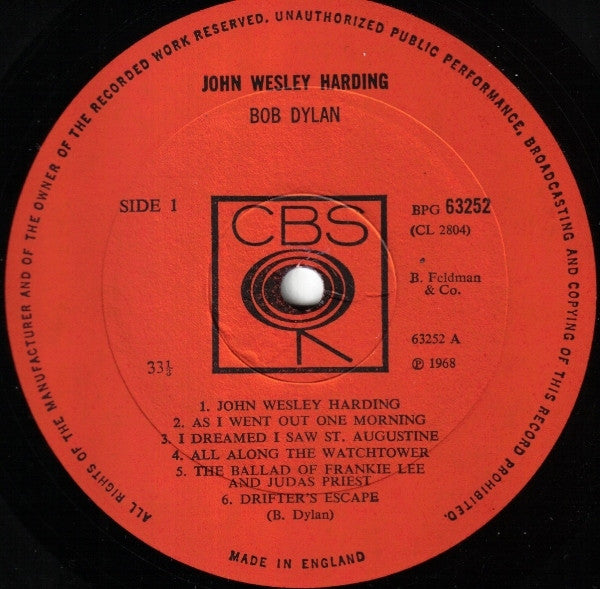 Image of Label Cover of LP - VG/G - BOB DYLAN, John Wesley Harding (CBS Smooth Orange (33 1/3 On Label); 63252, UK 1968, Laminated Front Sleeve, Mono), Light Marks only.,  - 2716086C