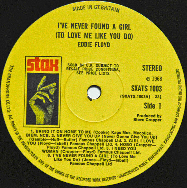 Image of Label Cover of LP - VG/VG - EDDIE FLOYD, I've Never Found A Girl (Stax; SXATS10003, UK 1968, Laminated Flipback Sleeve), ,  - 4426117E