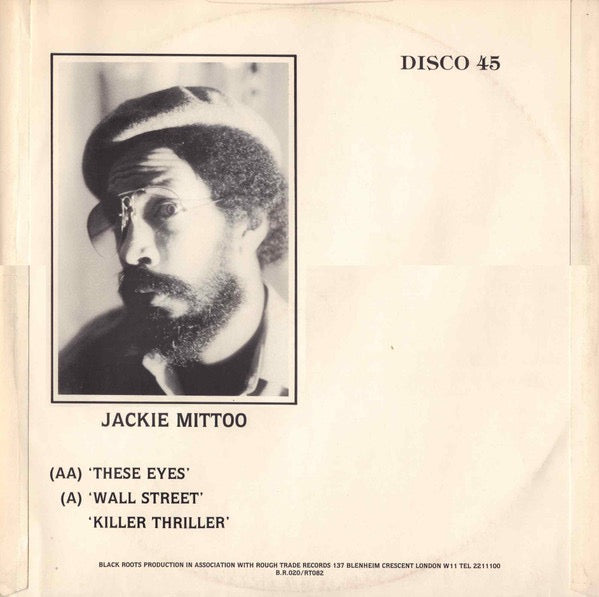 Image of Back Cover of 12" - VG/VG - JACKIE MITTOO, These Eyes / Wall Street / Killer Thriller (Black Roots / Rough Trade; BR 20 / RT 082, UK 1981, Picture Sleeve), WOL. Light marks only. Plays as a strong VG. Sleeve has some edge wear and slight discolouring.,  - 4046133S