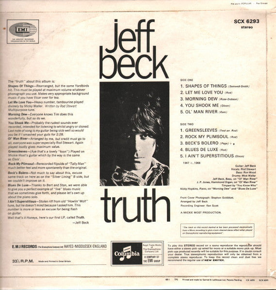 Image of Back Cover of LP - VG/VG - JEFF BECK, Truth (Columbia Blue/Black; SCX6293, UK 1968, Laminated Flipback Sleeve, Stereo), Couple very light marks, Edge & ring wear, laminate creases, Shop stamp on rear,  - 3446411S