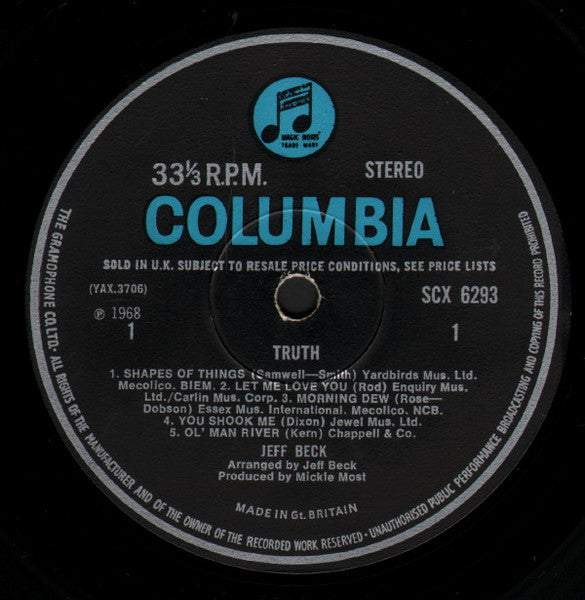 Image of Label Cover of LP - VG/VG - JEFF BECK, Truth (Columbia Blue/Black; SCX6293, UK 1968, Laminated Flipback Sleeve, Stereo), Couple very light marks, Edge & ring wear, laminate creases, Shop stamp on rear,  - 3446411S