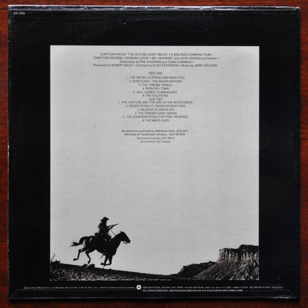 Image of Back Cover of LP - VG/VG - JERRY FIELDING, Outlaw Josey Wales - Original Soundtrack (WB; K56286, UK 1976), Strong VG, Sticker Damage To Sleeve Which Has Been Touched Up With Black Pen,  - 4326107E