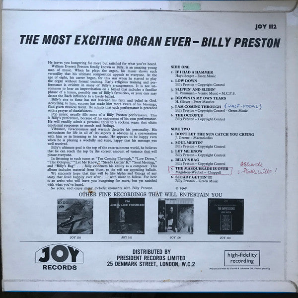 Image of Back Cover of 3524164E: LP - BILLY PRESTON, The Most Exciting Organ Ever (Joy; JOY 112, UK 1968 Reissue)   VG/VG