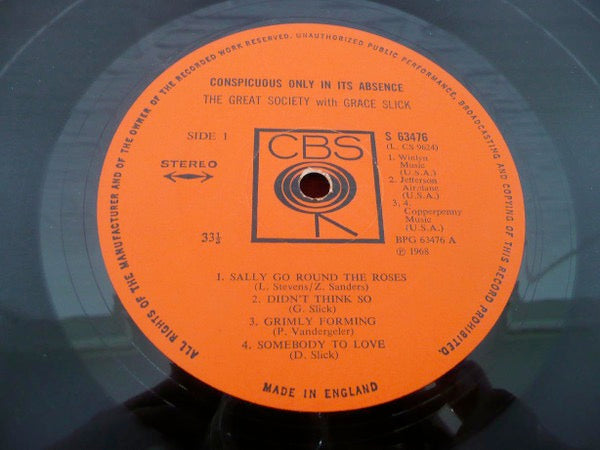 Image of Label Cover of LP - VG/G - THE GREAT SOCIETY WITH GRACE SLICK, Conspicuous Only In Its Absence (CBS; 63476, UK 1968, Laminated Sleeve, Stereo), Lots of surface marks and hairlines, Sleeve a bit aged, With co. inner,  - 3816453C