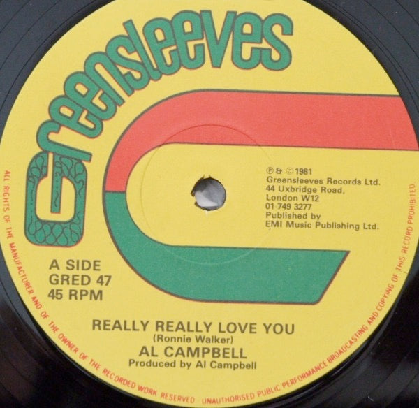 Image of Front Cover of 12" - G+/VG - AL CAMPBELL / AL CAMPBELL PLAYERS, Really Really Love You / Rub A Dub Dub (Greensleeves; GRED 47, UK 1981, Company Sleeve), Light marks only, strong VG.,  - 2646177S