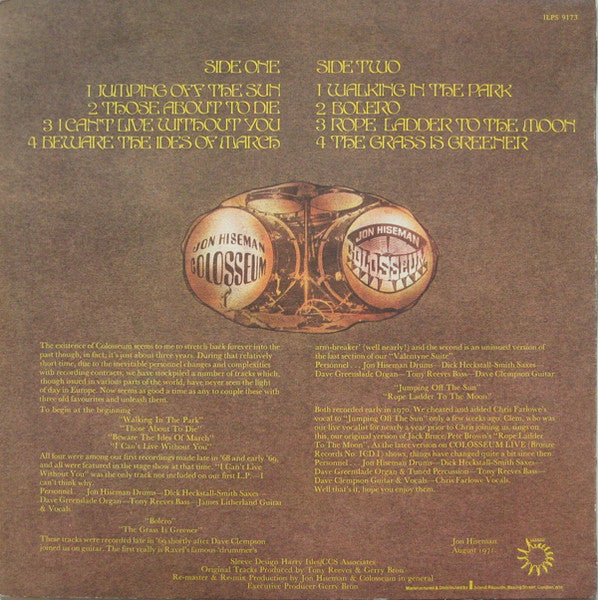 Image of Back Cover of 0215015C: LP - COLOSSEUM, The Collectors Colosseum (Bronze; ILPS9173, UK 1971, Textured Sleeve) Light Marks only, Heavy spine wear  VG/G+