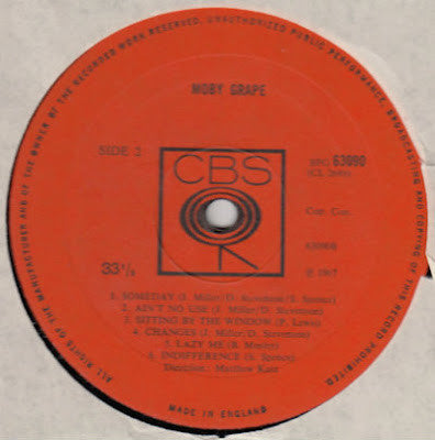 Image of Label Cover of LP - G+/G+ - MOBY GRAPE, Moby Grape (CBS Orange (33 1/3 On Label); 63090, UK 1967, Laminated Sleeve, Mono, Has Middle Finger Intact), Strong G+, hairlines only. Some creasing and lines in the laminate on front of sleeve. ,  - 2926355E