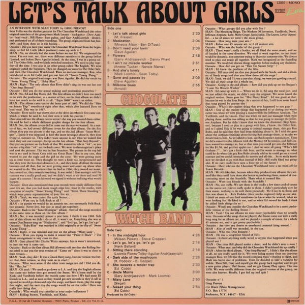 Image of Back Cover of LP - VG/VG+ - CHOCOLATE WATCH BAND, Let's Talk About Girls (Eva; EVA 12030, France 1983, Laminated Sleeve), Light marks only. Laminate creasing, wear to opening edge.,  - 2926305E